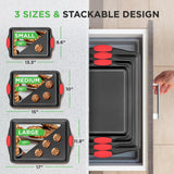 NutriChef 3-Piece Nonstick Kitchen Oven Baking Pans - Premium & Stylish Non-Stick Steel, Commercial Grade Restaurant Quality Metal Bakeware with Red Silicone Handles - Easy to Clean, NCSBS3S NutriChef