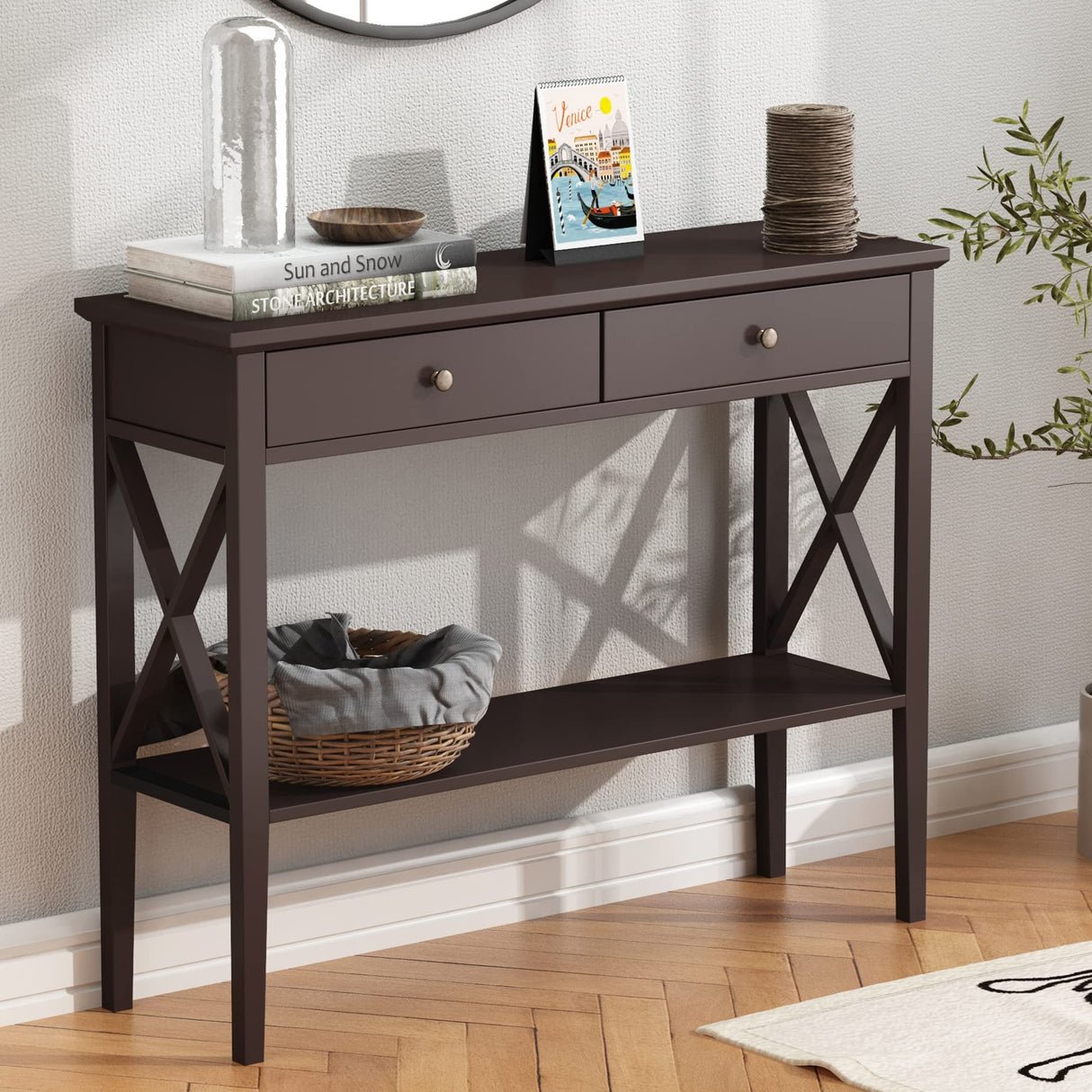 ChooChoo Console Table with Drawers, Narrow Wood Accent Sofa Table Entryway Table with Storage Shelf for Entryway, Front Hall, Hallway, Living Room, Espresso ChooChoo