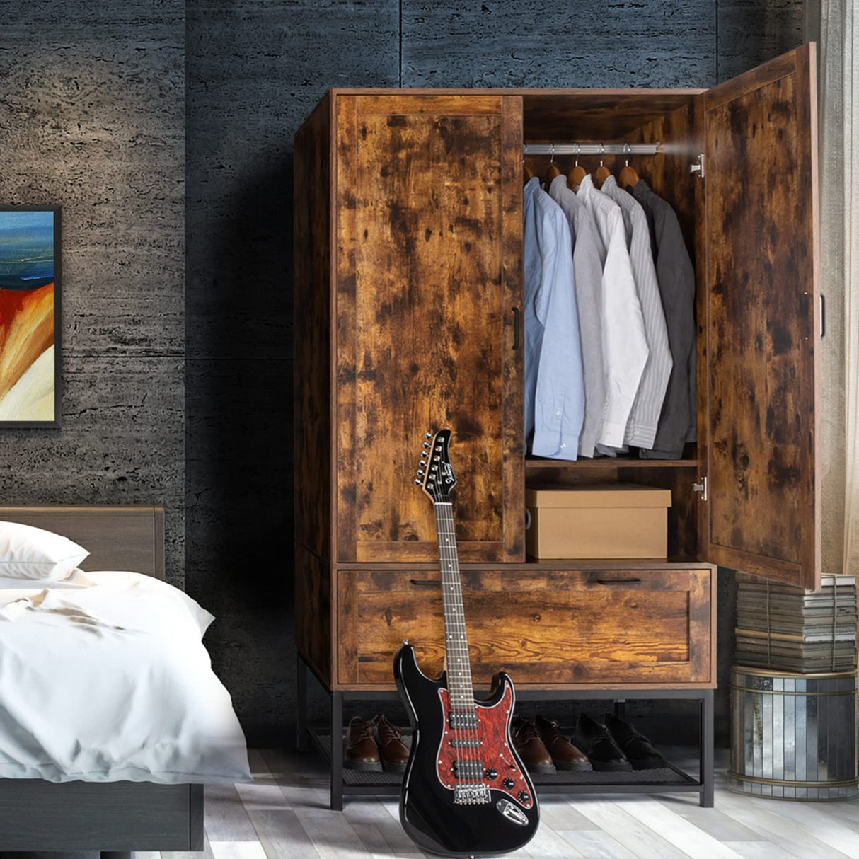 VINGLI Armoire, Wardrobe Closet with Hanging Rod, Bedroom 71" Freestanding Wardrobe Cabinet with Doors, Adjustable Shelves and Drawer, Open Compartment, Rustic Brown VINGLI