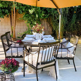 PHI VILLA 7 Piece Outdoor Dining Set with Umbrella, 60” Rectangular Metal Dining Table & 6 Cushioned Wrought Iron Chairs & 13ft Large Beige Umbrella for Patio, Deck, Yard, Porch PHI VILLA