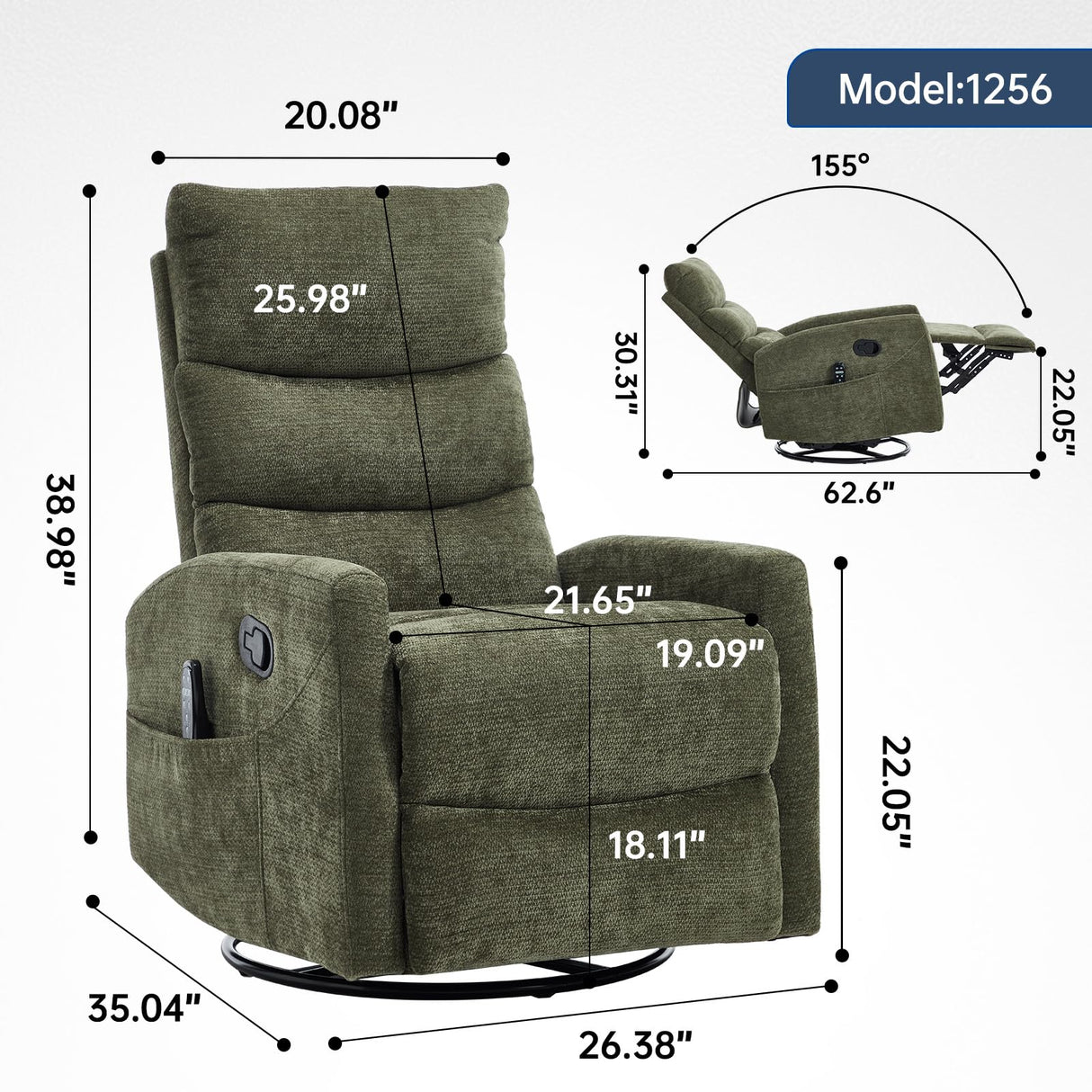 Trustyue Swivel Rocker Recliner Chair, 360° Swivel Recliner with Heat and Massage,Chenille Rocker Recliner Nursery Glider Recliner Chair with Side Pockets for Living Room Green Trustyue