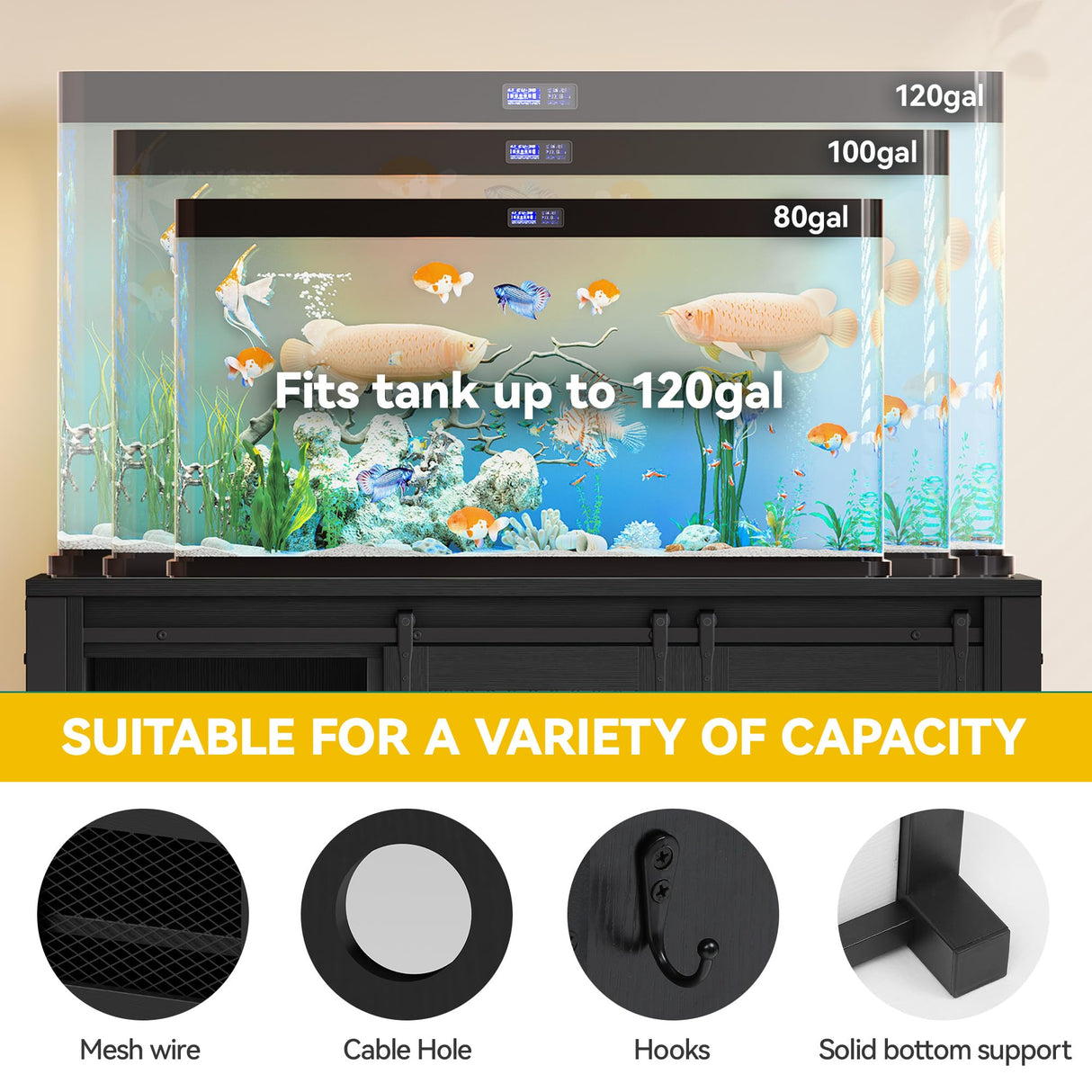 DWVO 120 Gallon Aquarium Stand with Power Outlets, Heavy Duty Metal Fish Tank Stand & Cabinet, Reptile Terrarium Table with 1100LBS Capacity for Aquarium Accessories Storage, Black DWVO