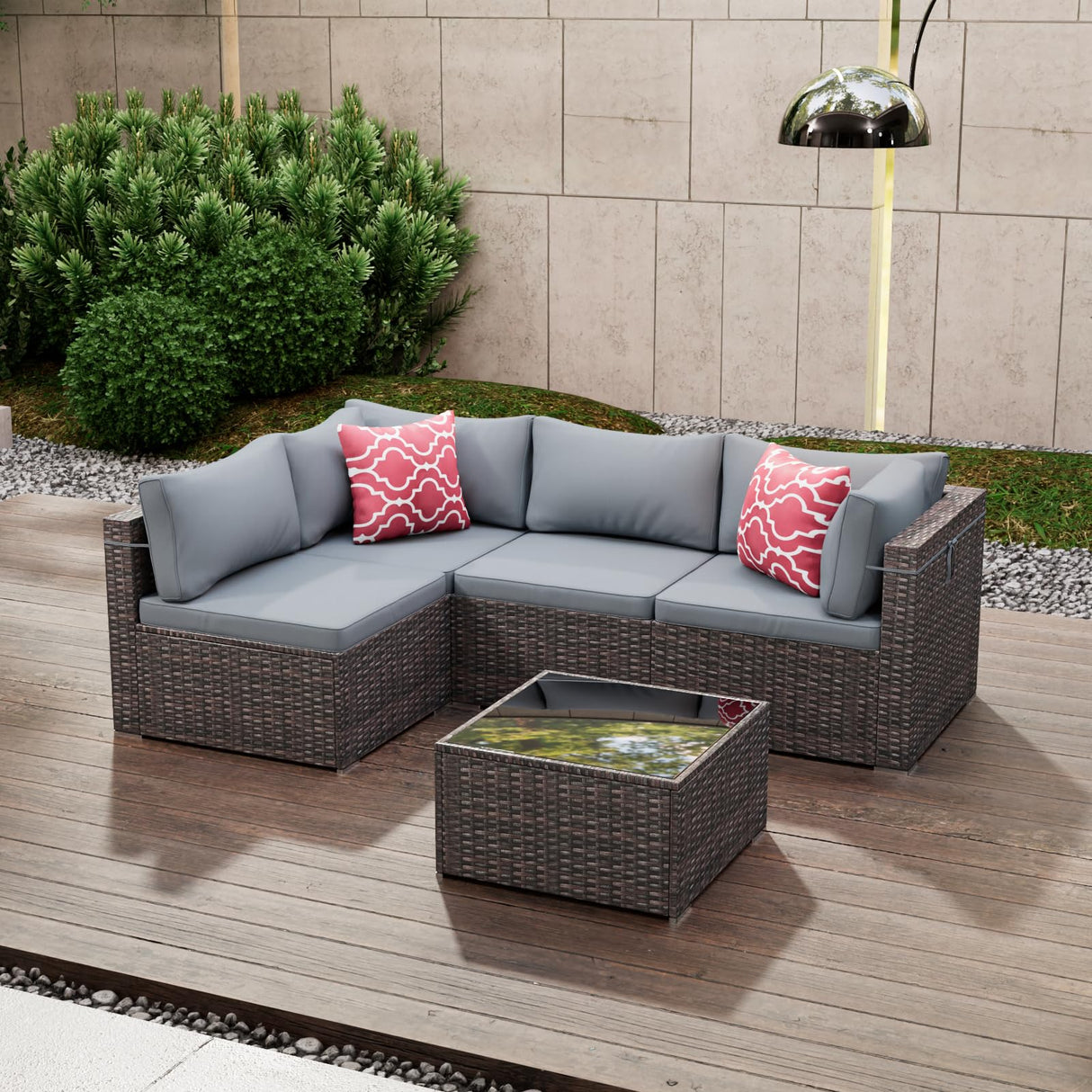 Tradare 5 Pieces Outdoor Patio Furniture Set, Wicker Patio Conversation Sectional Sofa Set, All Weather PE Rattan Sofa with Glass Table and Grey Cushions Tradare