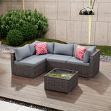 Tradare 5 Pieces Outdoor Patio Furniture Set, Wicker Patio Conversation Sectional Sofa Set, All Weather PE Rattan Sofa with Glass Table and Grey Cushions Tradare