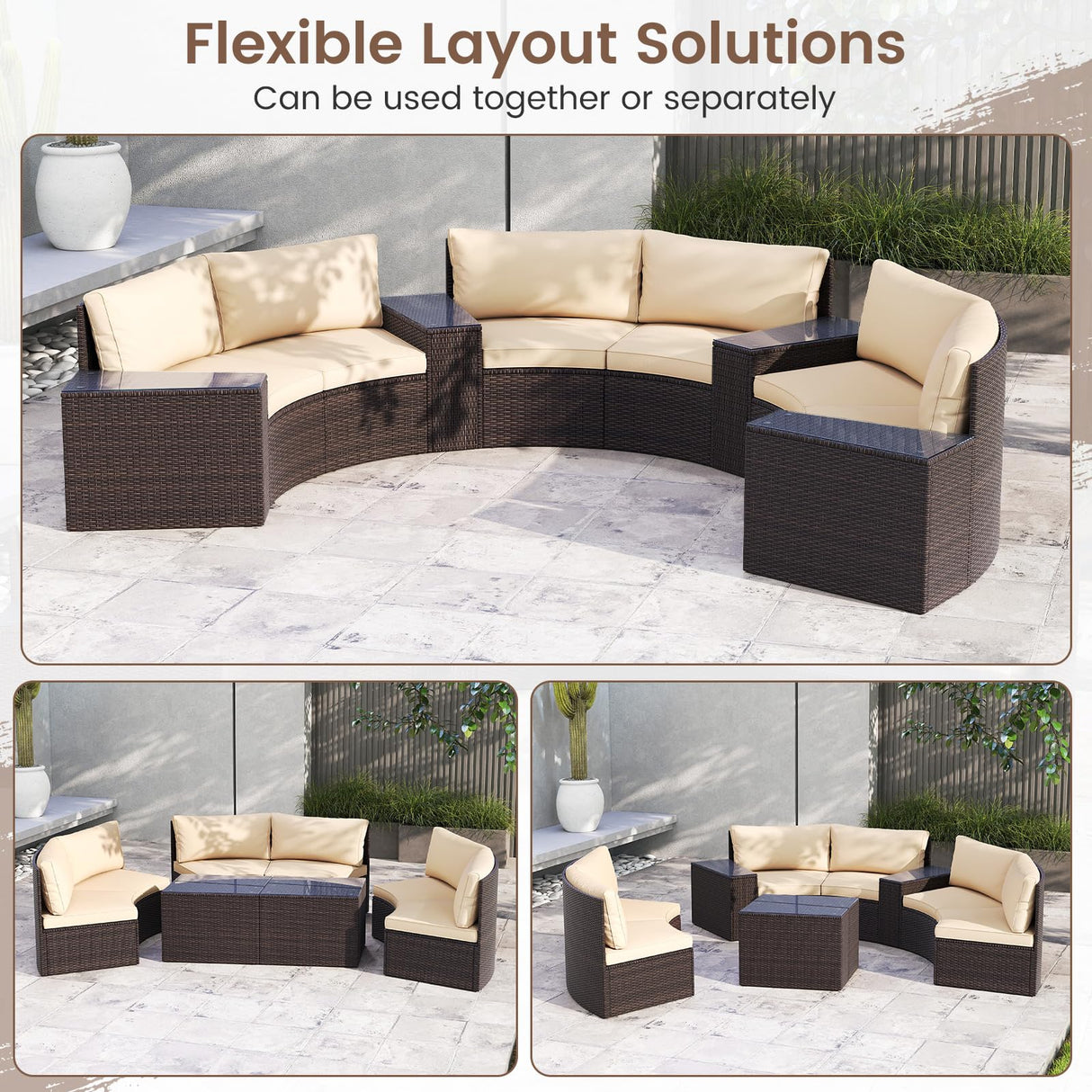 Tangkula 7 Pieces Patio Furniture Set, Rattan Half-Moon Curved Sectional Cushioned Sofas with Tempered Glass Top Side Tables, Outdoor Conversation Set for Porch, Backyard & Poolside Tangkula