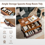 Tangkula Lift Top Coffee Table with Drawers, Multifunctional Pop-up Central Table with Lifting Tabletop, Concealed Compartment & 2 Folding Fabric Drawers, Home Living Room Furniture (Brown) Tangkula