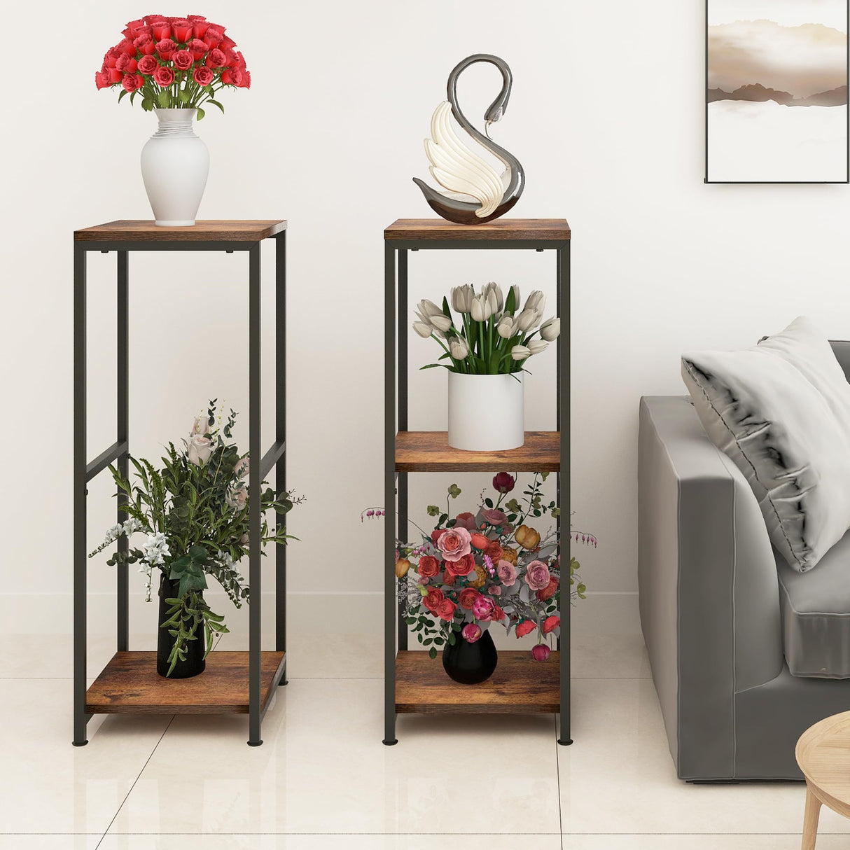 NOAMOO 32 inch Tall Metal Wood Plant Stand, Tier Potted Plant Shelf for Indoor, Flower Pot Holder for Corner Living Room Patio Balcony Garden, Kitchen and Bathroom Display Rack, Brown NOAMOO