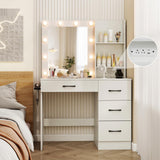 CHARMAID Vanity Desk with Mirror and Lights, White Makeup Vanity Desk with 4 Large Drawers, 2 Storage Shelves, Charging Station, 3-Color Lights Adjustable, Modern Vanity Dressing Table for Bedroom CHARMAID