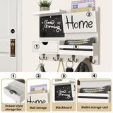 Farmhouse Key Holder for Wall with Mail Organizer - Easy Installation Wall Mount Organizer, Includes Chalkboard, Drawer, Wallet Holder & 4 Double Hooks, Ideal for Entryway, Quick Access - White Dvobez