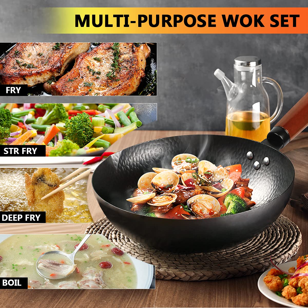 kaqinu Carbon Steel Wok Pan, 14 Piece Woks & Stir-Fry Pans Set with Wooden Lid Cookwares, No Chemical Coated Flat Bottom Chinese Pan for Induction, Electric, Gas, Halogen All Stoves - 12.6'' kaqinu