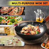 kaqinu Carbon Steel Wok Pan, 14 Piece Woks & Stir-Fry Pans Set with Wooden Lid Cookwares, No Chemical Coated Flat Bottom Chinese Pan for Induction, Electric, Gas, Halogen All Stoves - 12.6'' kaqinu