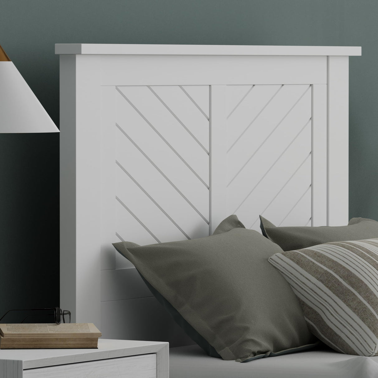 Serene Poplar Wood Twin Headboard, Modern Farmhouse Panel with Chevron Scoring, Twin Size Headboard in White, Casual Coastal Style, Easy Assembly, Quality Materials ComfIQ