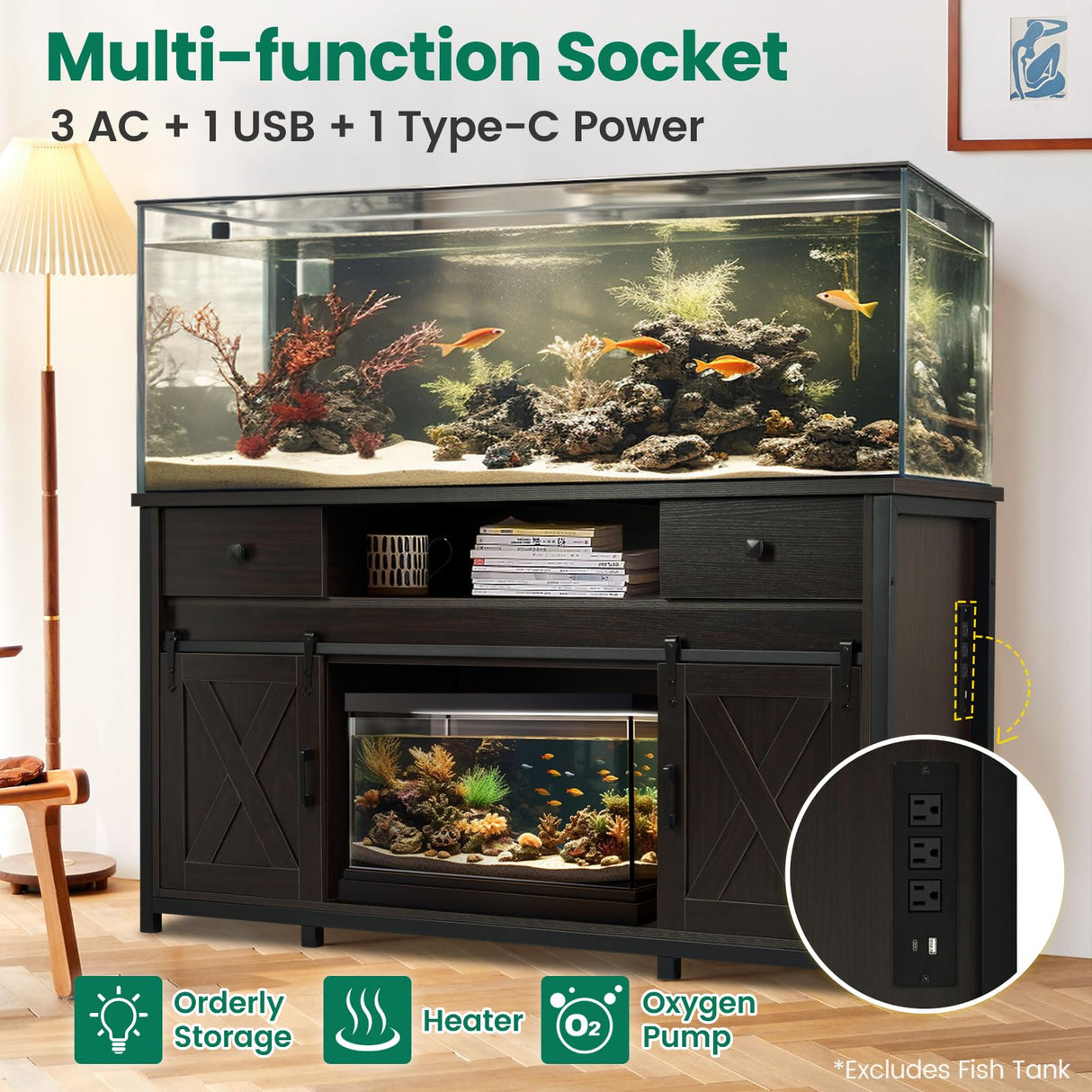 Fantico 75-120 Gallon Aquarium Stand with Power Outlets - Dual Aquarium Support, Cabinet Storage, Thick Hardwood Top, Versatile Socket with Adjustable Panels, 1200 lbs Capacity, Dark Brown Fantico