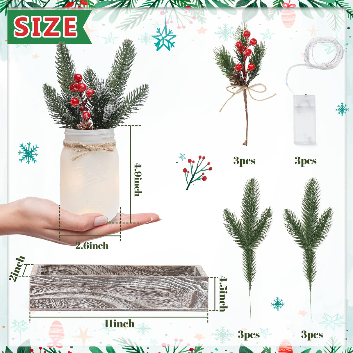 Christmas Mason Jar Centerpiece for Table with LED Lights & Artificial Plants, Set of 3 Farmhouse Decorative Mason Jars for Christmas Home Decor, Winter Kitchen Dining Table Centerpiece Maracco