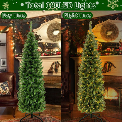 5 Ft Pencil Artificial Christmas Tree with 550 Branch Tips, Spruce Green,180 LED Warm White Lights, Include Metal Stand, UL Plug in, Slim Skinny Xmas Pencil Tree Decor for Holiday Home Indoor Outdoor