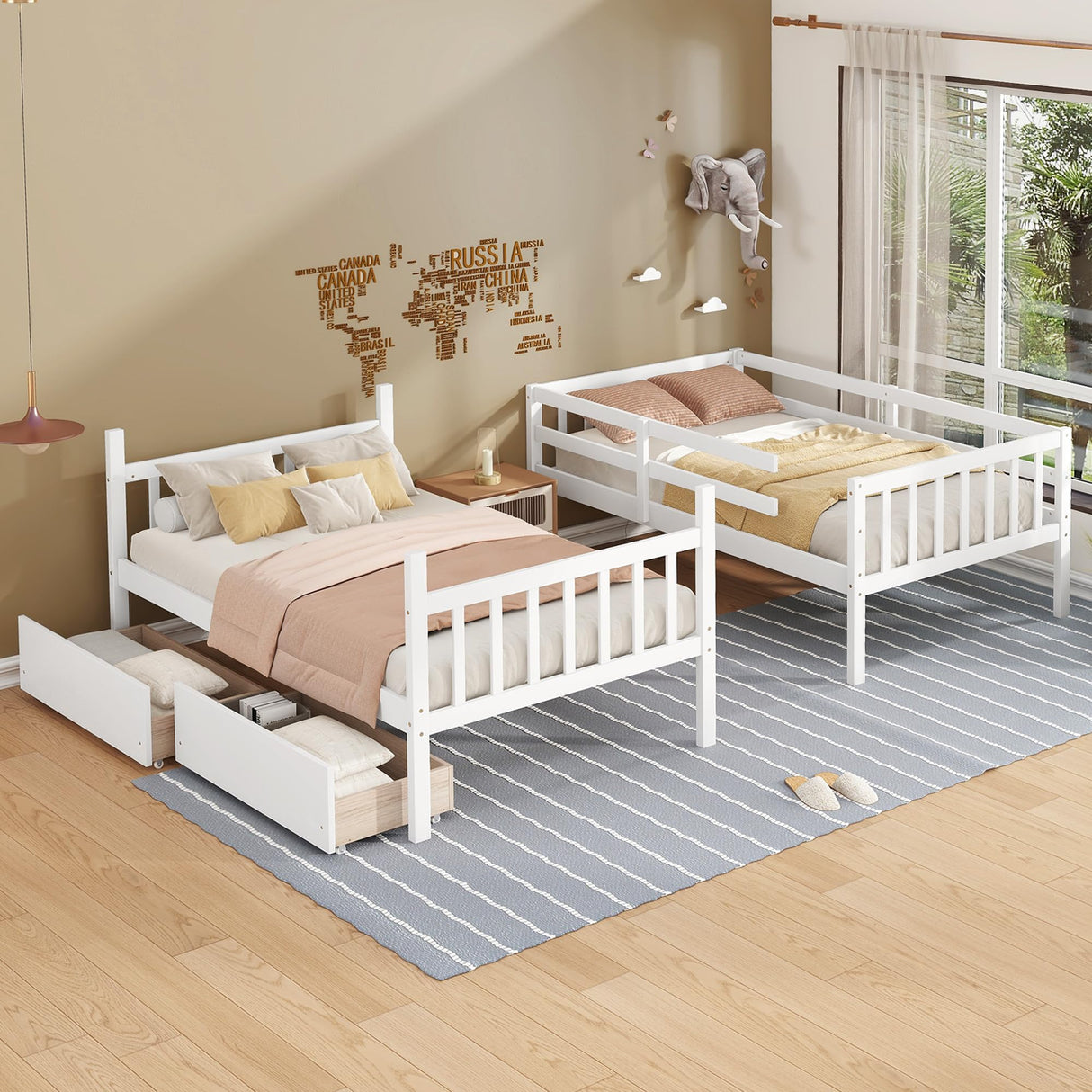 Harper & Bright Designs Twin Over Twin Bunk Bed with 2 Drawers, Convertible into 2 Twin Beds, Twin Bunk Bed with Ladder and Safety Guardrails, White Harper & Bright Designs