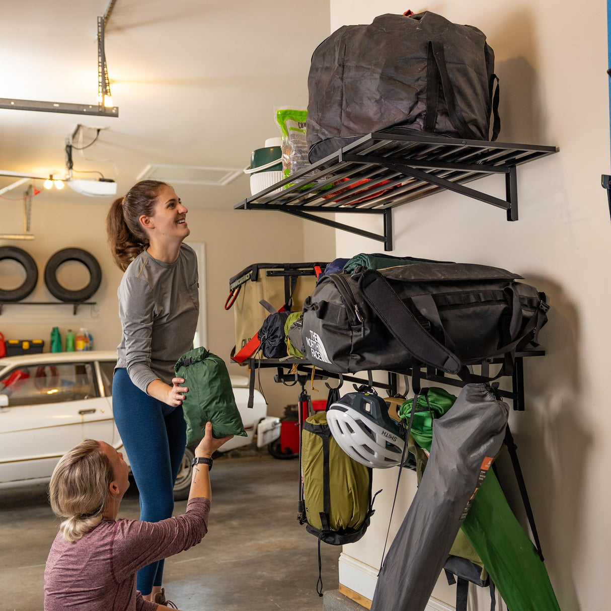 StoreYourBoard 2 Pack Heavy Duty Garage Wall Shelves, 2' x 4' Wall Mount Storage Shelf with Hooks, Holds 200 lbs Each StoreYourBoard