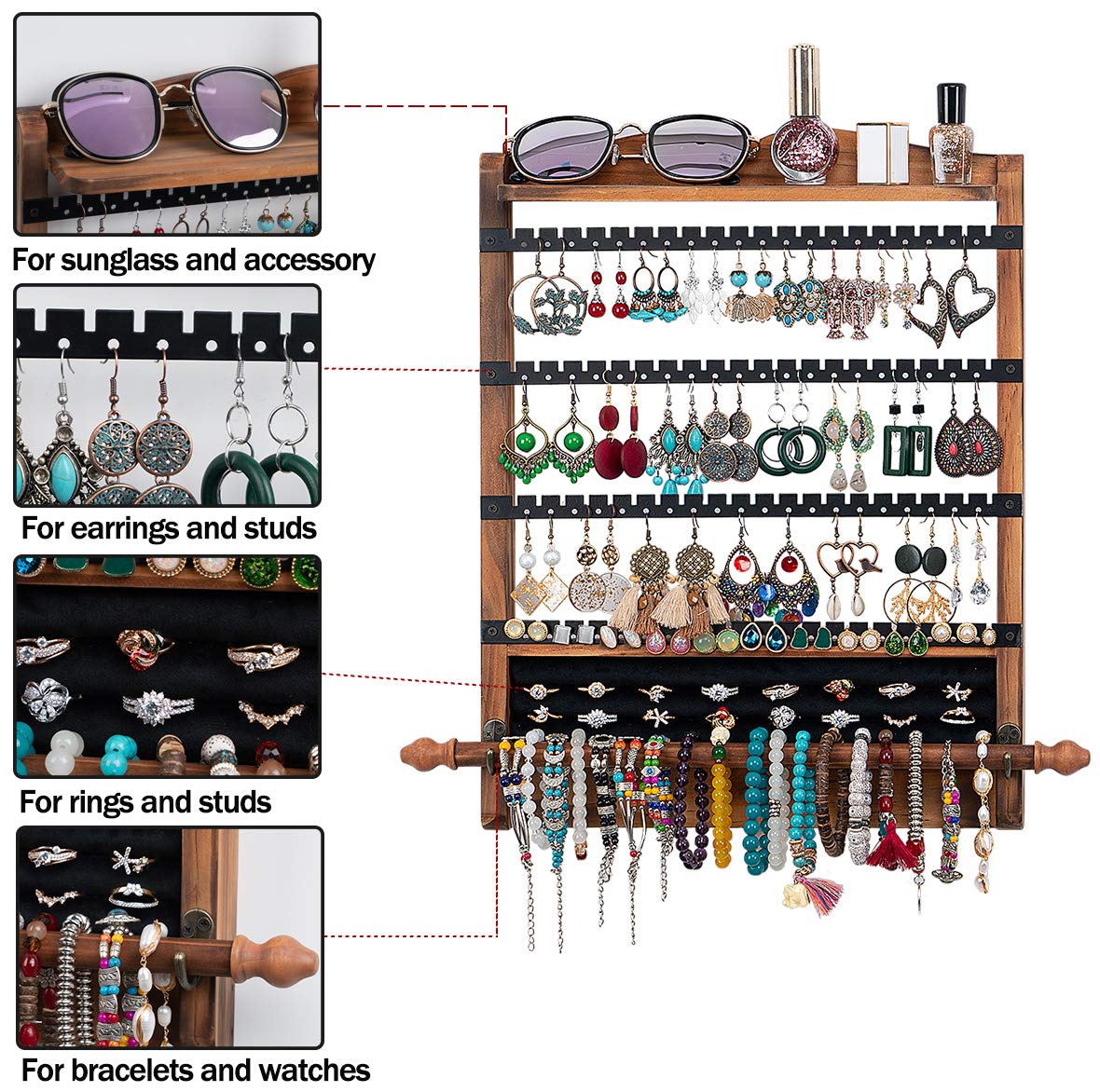 QILICHZ 3Pcs Jewelry Organizers and Storage,Wood Hanging Jewelry Organizer,Rustic Wall Jewellery Organizer,Wall Mounted Earring Holder Organizers for Storage Display Gift (Brown+Black) QILICHZ