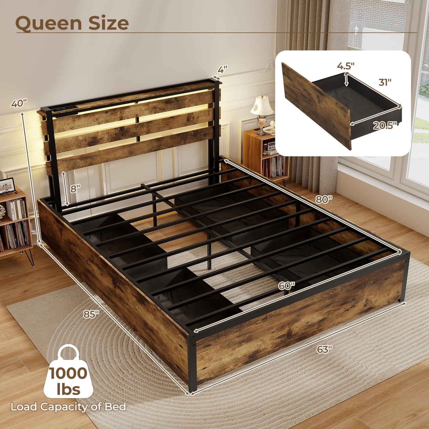 Giantex Queen Bed Frame with LED Headboard, USB Ports, and Storage Drawers - WoodArtSupply