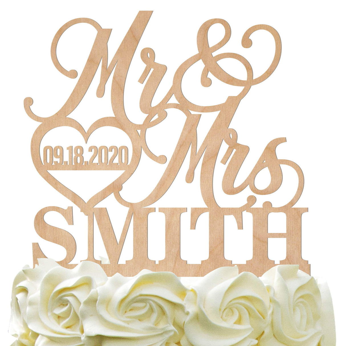 Personalized Wedding Cake Topper - Wedding Cake Decoration, Elegant Customized Mr Mrs Wedding Cake Topper, Last Name & Date w/Heart - Wood Colors PersonalizedGiftLand