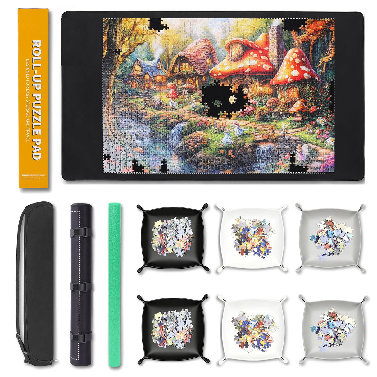 Lwoeo Jigsaw Puzzle Mat Roll Up 1000 Pieces, Smooth Top Saver Pad 34.6" x 22.8" with 6 Sorting Trays & Travel Storage Bag for Sorting Table, Board, Portable Puzzles Matt Rollup Non-Slip Rubber Bottom Lwoeo