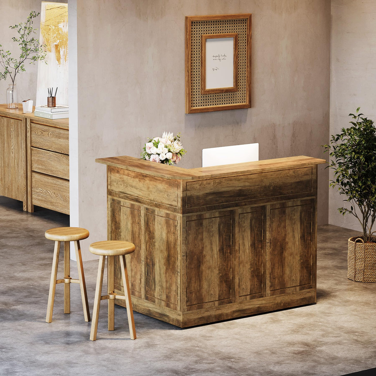 Tribesigns Bar Cabinet, L-Shaped Home Bar Table with Stemware Racks, 4-Tier Corner Bar Unit Liquor Wine Bar Table Reception Desk for Home Pub, Brown Tribesigns