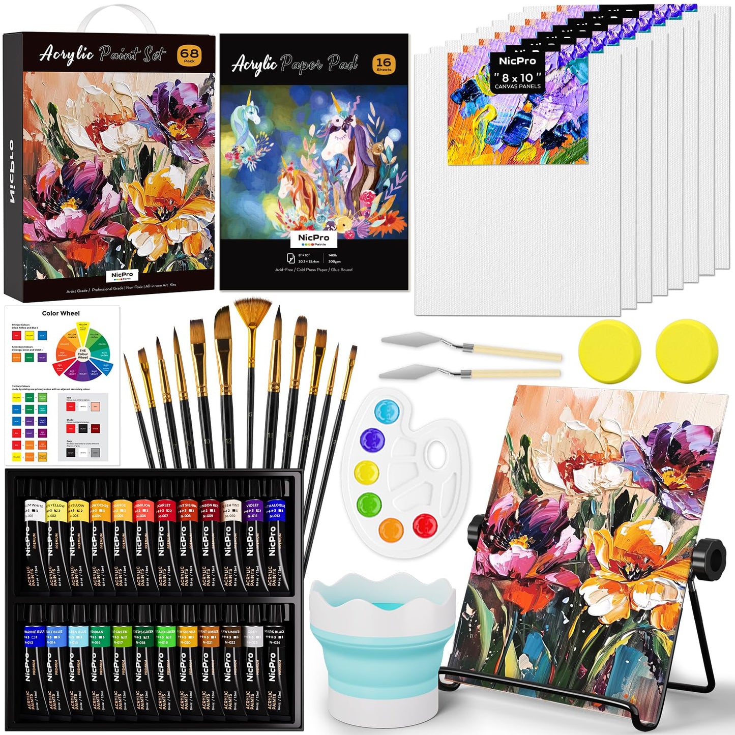 Nicpro 68PCS Acrylic Paint Canvas Set for Adults & Kids, Art Painting Supplies Kit with 24 Paints,Table Easel,8 Canvas Panels,12 Brushes,Paper Pad,Cleaning Cup,Sponge,Palette for Artist Beginner