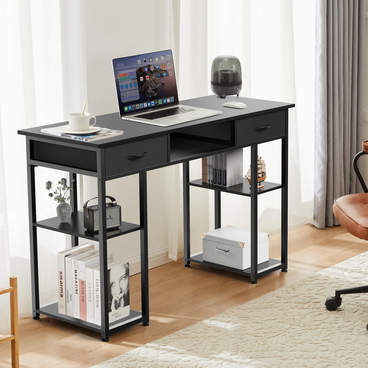 OLIXIS Computer Desk with Drawers Study Writing Table with Storage Bag Headphone Hook Adjustable Feet for Home Office Small Spaces,48IN Black OLIXIS