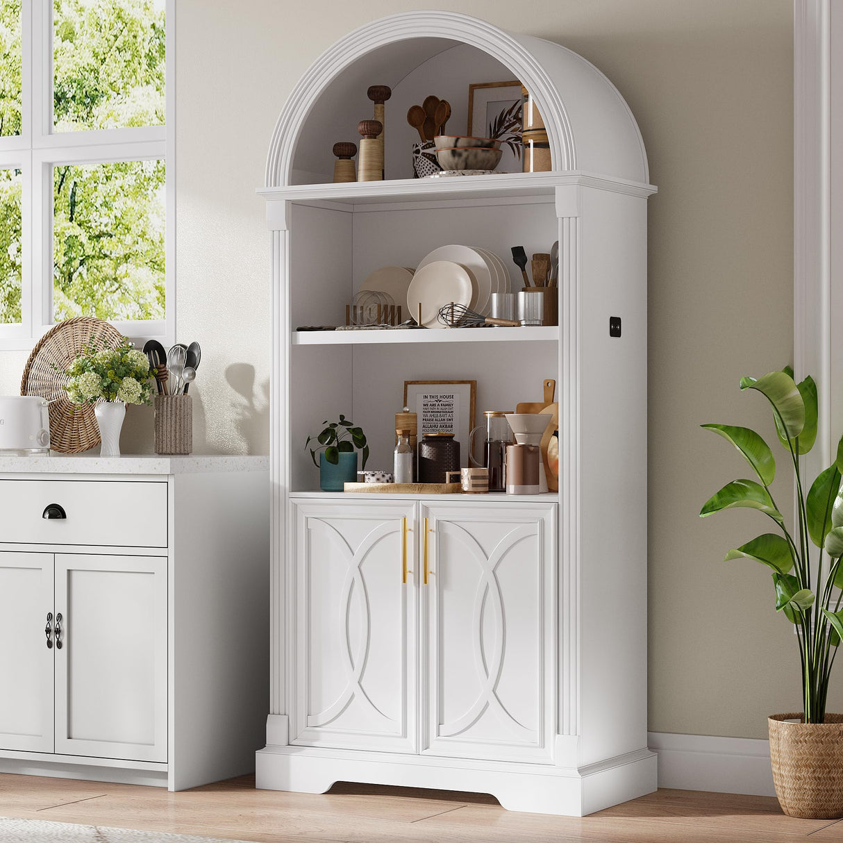 Vlsrka 71" Tall Arched Kitchen Pantry Cabinets, Wood Kitchen Storage Cabinets/Arched Bookshelf/Bookcase,China Cabinet with Open & Adjustable Shelves, Induction LED Light (White 2 PCS) Vlsrka