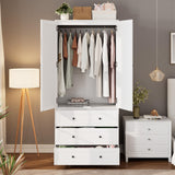 Senfot Armoire Wardrobe Closet with 3 Drawers and 2 Doors, Modern Wooden Wardrobe Cabinets for Hanging Clothes, Tall Standing Bedroom Armoires, Heavy Duty, White Senfot