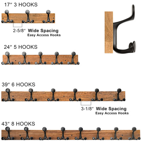 SKOLOO 24-Inch Wood Burnt Coat Rack Wall Mount with 5 Triple Hooks - Ideal for Family Entrances, Classrooms, and Pet Supplies Storage - Perfect Coat Hooks for Wall SKOLOO