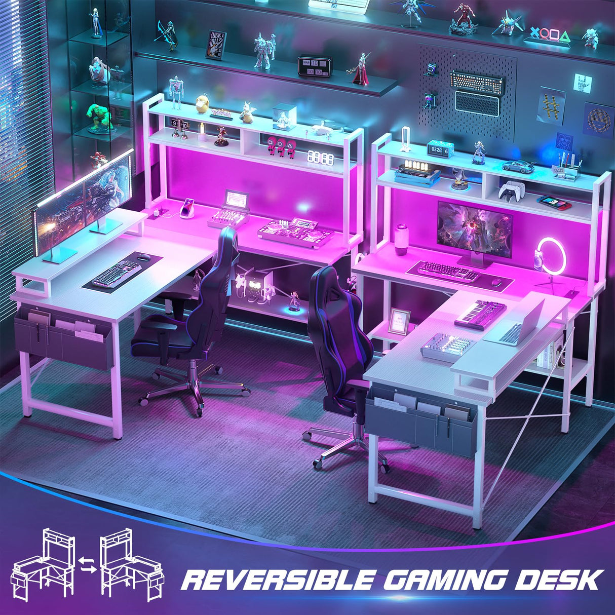 Aheaplus L Shaped Gaming Desk with Power Outlets & LED Lights, Small L- Shaped Desk Computer Corner Desk with Monitor Stand & Storage Shelf, Home Office Desk Writing Desk with Storage Bag, White Aheaplus