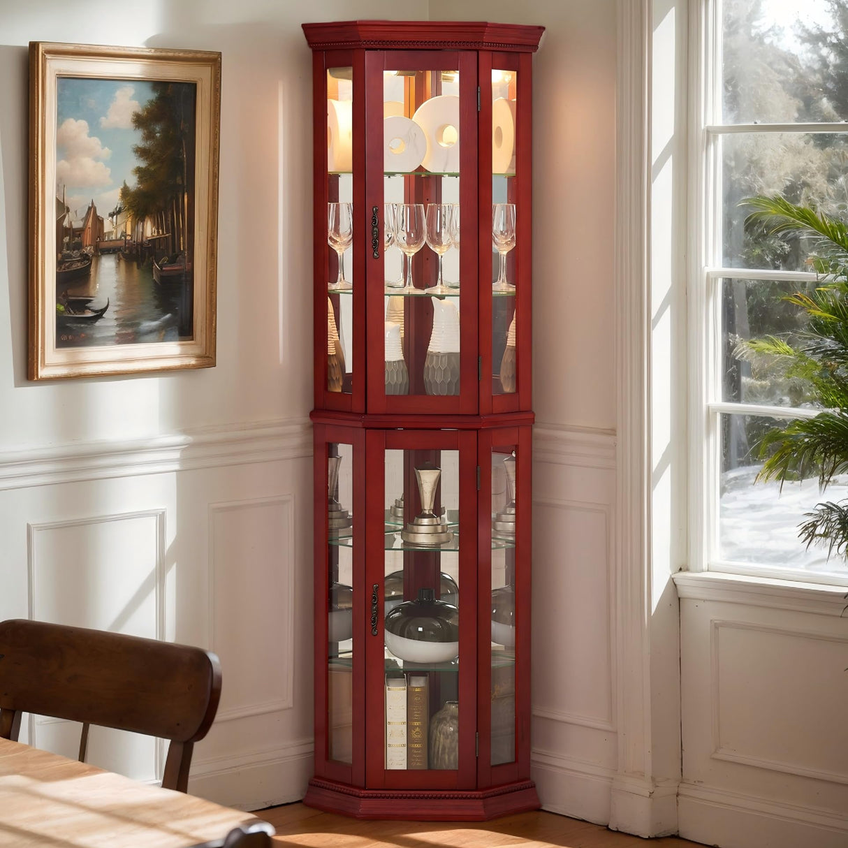 Eyisean Lighted Corner Curio Cabinet 70" Glass Display Cage with 6 Tempered Adjustable Shelves, Freestanding Home Bar Cabinet with Door, Rack for Liquor Storage and Living Room (Cherry) Eyisean