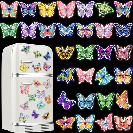 Outus 30 Pcs Luminous Butterfly Diamond Painting Magnets Butterfly Diamond Art Kits for Refrigerator Spring Fridge Magnet Stickers for DIY Craft Home Decors Outus