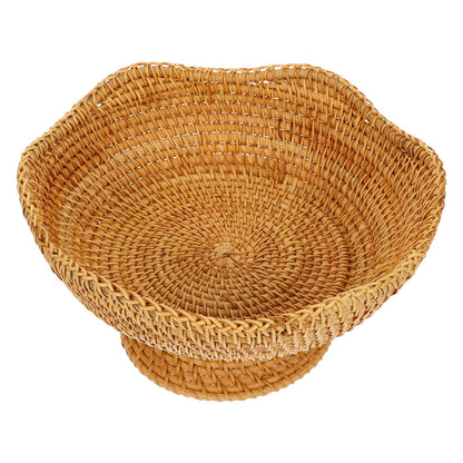 Zerodeko Rattan Fruit Bowl Bread Basket Woven Footed Bowl Round Pedestal Plate Dessert Display Platter Snack Serving Dish Tabletop Organizing Basket for Kitchen Counter