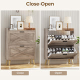 Homleke 32" W Farmhouse Shoe Storage Cabinet with 2 Flip Drawers and Barn Door Design, Adjustable Shelves, Modern Hidden Slim Narrow Shoe Rack Cabinet for Entryway, Foyer, Hallway, Living Room,Greige Homleke