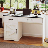 MaverickFurni White Computer Desk with 2 Drawers and Storage Cabinet, Farmhouse Desk with Drawers for Small Spaces, Wooden Desk for Bedroom MaverickFurni
