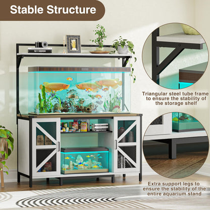 Halitaa 55-75 Gallon Fish Tank Stand,Farmhouse Heavy Duty Metal Aquarium Stand with Power Outlet & LED Light,Reptile Tank Stand with Cabinet and Shelf for Accessories Storage Turtle Terrarium - WoodArtSupply