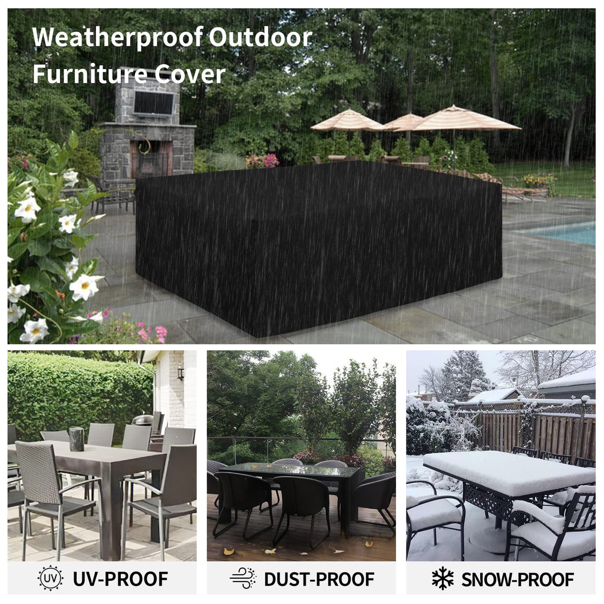 Easy-Going 600D Heavy Duty Patio Furniture Cover, Outdoor Rectangular Table and Chair Set Cover, Waterproof Outdoor Sectional Set Cover (110"L x 84"W x 28"H, Black) Easy-Going