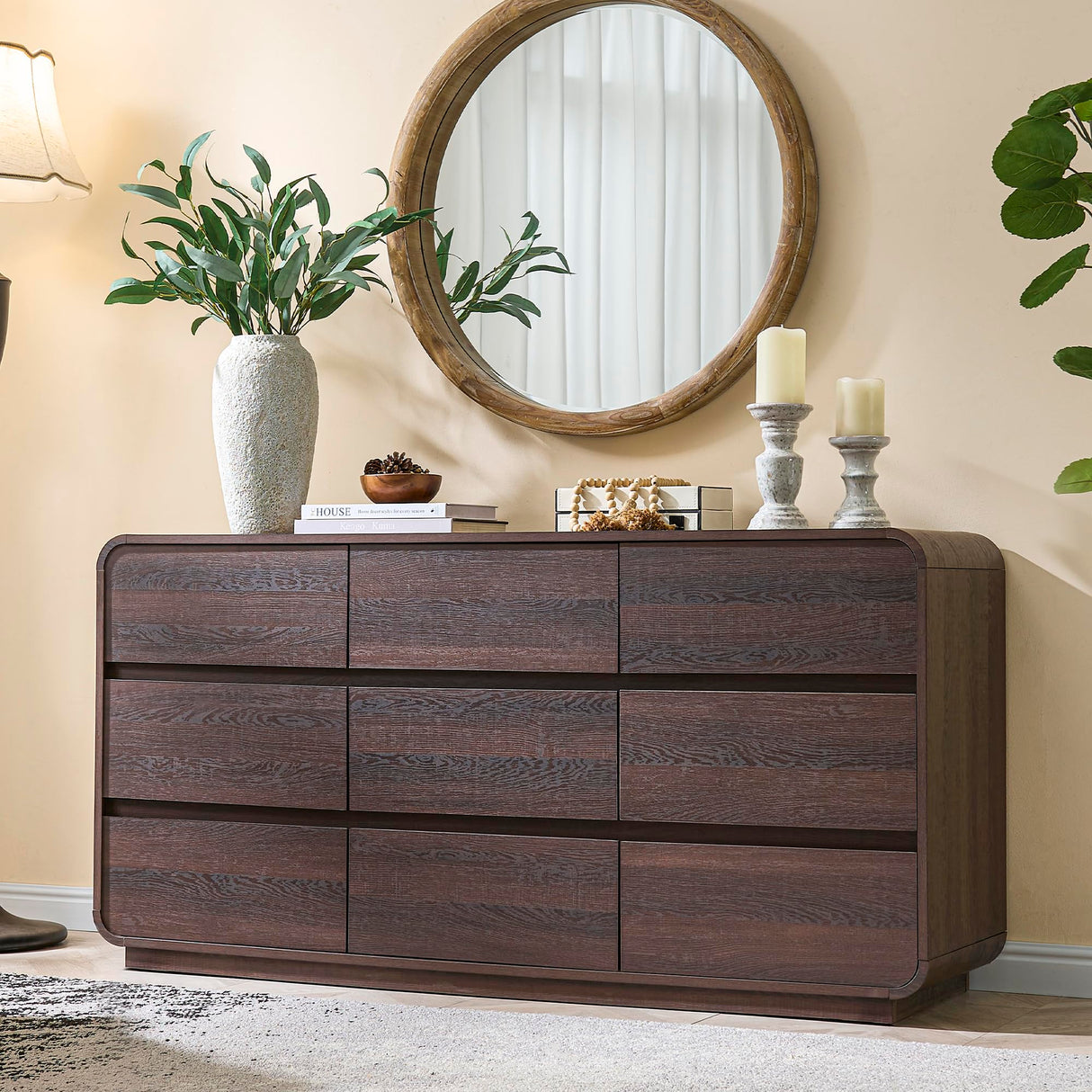 Standifurno 9 Drawer Double Dresser for Bedroom, Modern Curved Wood Chest Drawers of Handleless, Large Storage Dresser Bedroom, Living Room, Entryway, Walnut Standifurno
