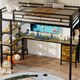 BTHFST Loft Bed Twin Size with L-Shape Desk & RGB LED Lights & Charging Station, Twin Bunk Bed with Fabric Drawers & Shlves, 13.4'' H Safety Guardrail, Noise Free, No Box Spring Needed BTHFST