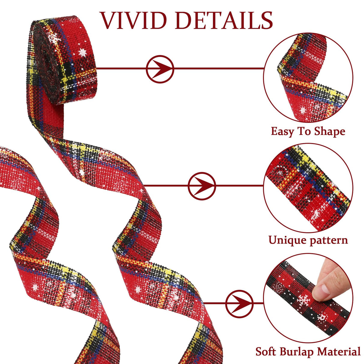 Whaline 5 Rolls 30 Yard Christmas Burlap Ribbon - 1 Inch Snowflake Plaid for Gift Wrapping, Winter Xmas Decorations, DIY Crafts, Wreath Bow Making Supplies Whaline