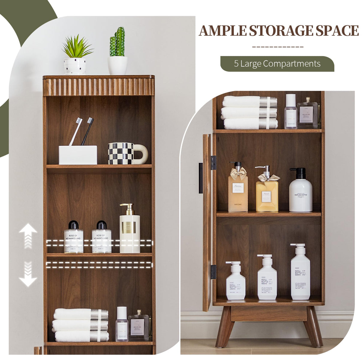 Bifins 68" Tall Bathroom Storage Cabinet,Narrow Fluted Tower Cabinet with Door and Shelves,Slim Space Saving Storage Unit for Bathroom Kitchen Living Room (Walnut, 11.8" D x 15.75" W x 68" H) Bifins