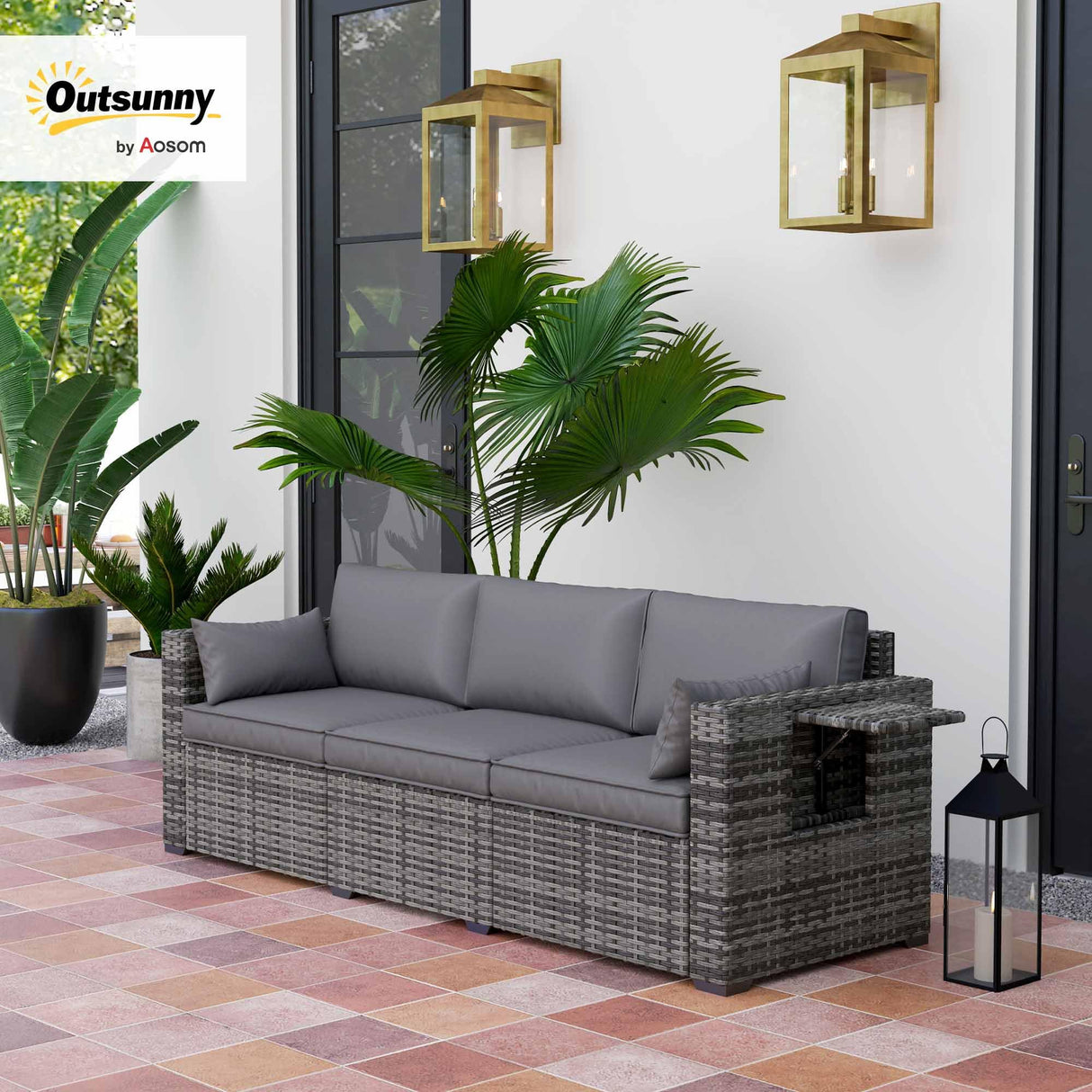 Outsunny 3 Seater Wicker Sofa with Side Tray Tables, Rattan Outdoor Patio Sofa with 6" Thick Back Cushions, Outdoor Wicker Couch with Deep Seating, Pillows for Porch, Garden, Backyard, Mixed Gray Outsunny