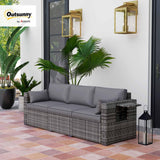 Outsunny 3 Seater Wicker Sofa with Side Tray Tables, Rattan Outdoor Patio Sofa with 6" Thick Back Cushions, Outdoor Wicker Couch with Deep Seating, Pillows for Porch, Garden, Backyard, Mixed Gray Outsunny