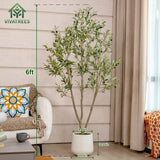 VIVATREES Olive Trees Artificial Indoor, 6FT Tall Faux Olive Tree with White Tall Planter, Artificial Plants with Natural Wood Trunk and Lifelike Fruits for Home Office Decor VIVATREES
