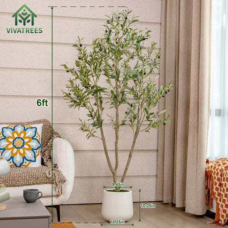 VIVATREES Olive Trees Artificial Indoor, 6FT Tall Faux Olive Tree with White Tall Planter, Artificial Plants with Natural Wood Trunk and Lifelike Fruits for Home Office Decor VIVATREES