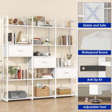 Nosepen 73.6" Tall Bookshelf with 3 Drawers and 16 Storage Shelves, Industrial Bookcase with 16 Open Display Shelves, Large Etagere Bookshelf, Triple Wide Book Shelf Book Case for Home & Office, White Nosepen