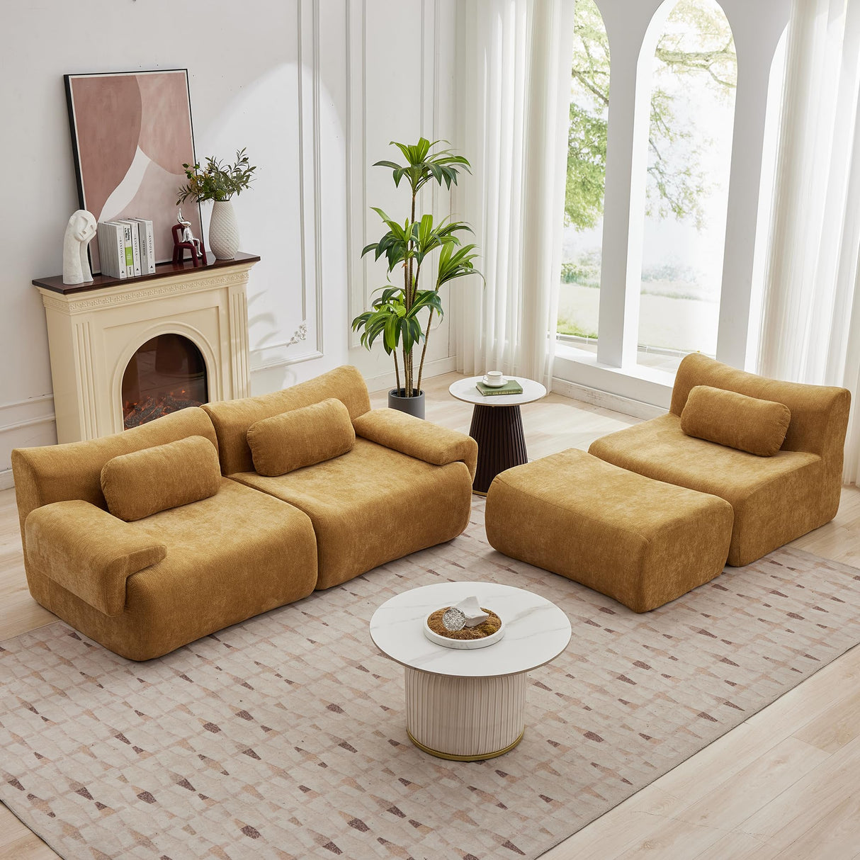 MAXMXX 117”L Shaped Modern Sofa Modular Sectional Cloud Couch with Ottoman,Oversized Boneless Sofa,3+1 Seater Chenille Deep-Seat Sofa with 3 Pillows,Suitable for Living Room or Bedroom(Yellow) MAXMXX