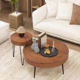 Giantex Boho Round Coffee Table Set of 2, Sofa Side Nesting Table with Solid Pine Wood Top, Metal Legs & Adjustable Foot Pads, 31.5" D Large Table Set for Living Room (Ring Pattern, Brown) Giantex